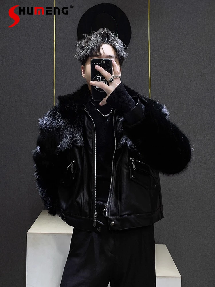 

Men's Autumn Winter New Faux Fur Coats Men's Thickened Jackets Male Handsome Long Sleeve Multi Zipper Decorative Design Coats