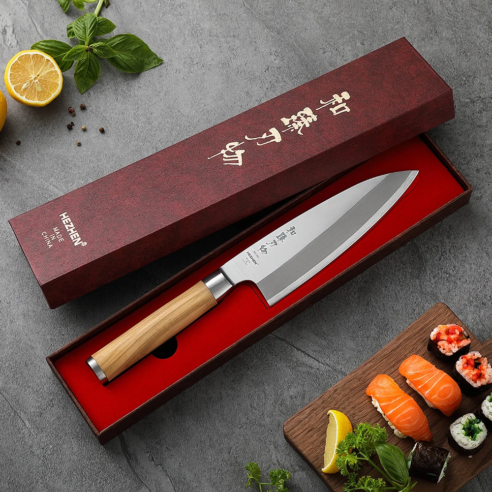 Nóż klasyczna seria Sashimi HEZHEN 180mm X8Cr14MoV kute stalowe uchwyt z drewna oliwnego noże kuchenne ostre narzędzia
