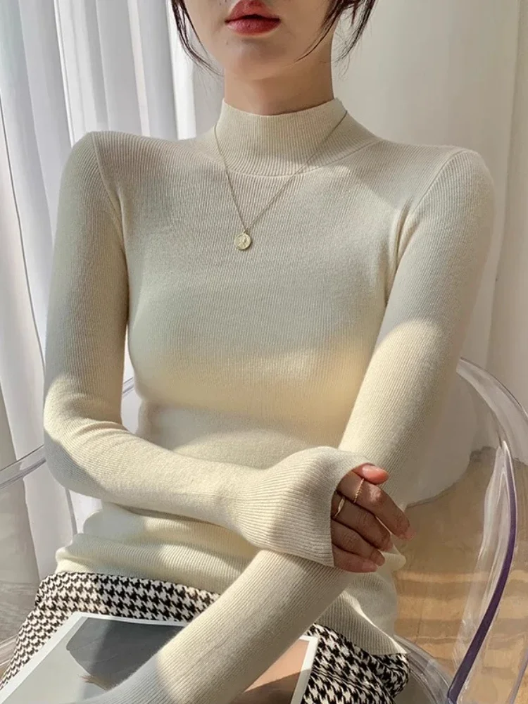 2025 Korean Simple Chic Sweater Autumn Winter Women Sweater Vintage Basic Solid Knitted Tops Casual Slim Turtleneck Pullovers