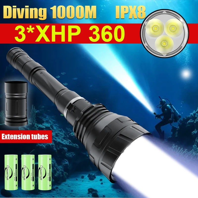 New 3*XHP 360 LED Diving Flashlight Diving 1000M Professional Diving Torch Underwater Lighting Super Bright Scuba Flashlights