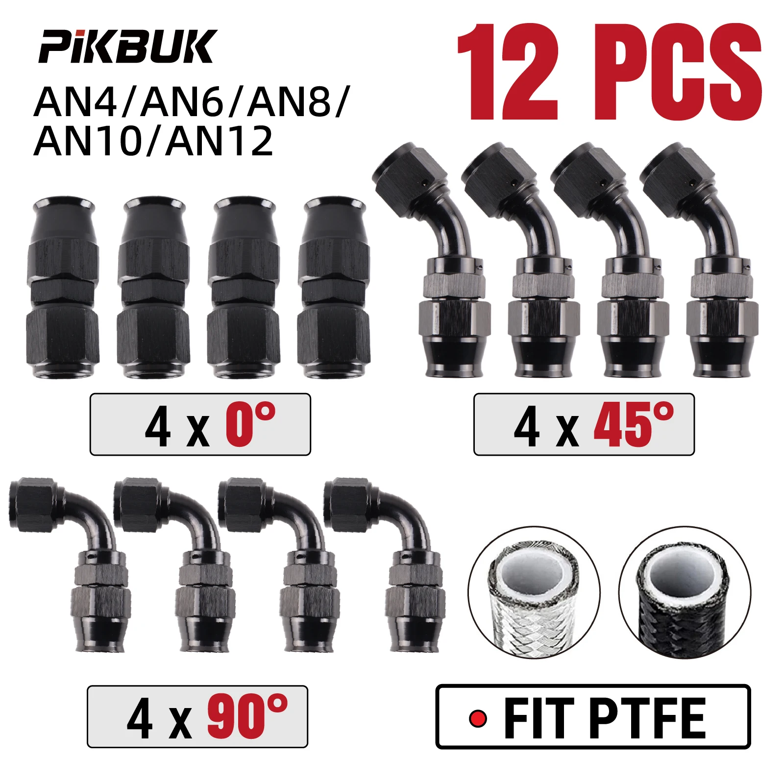 PIKBUK 12Pcs AN4/6/8/10/12 Universal Straight 45 90 Degree Reusable Hose End Fittings Adapter For Swivel PTFE Oil Fuel Line Pipe