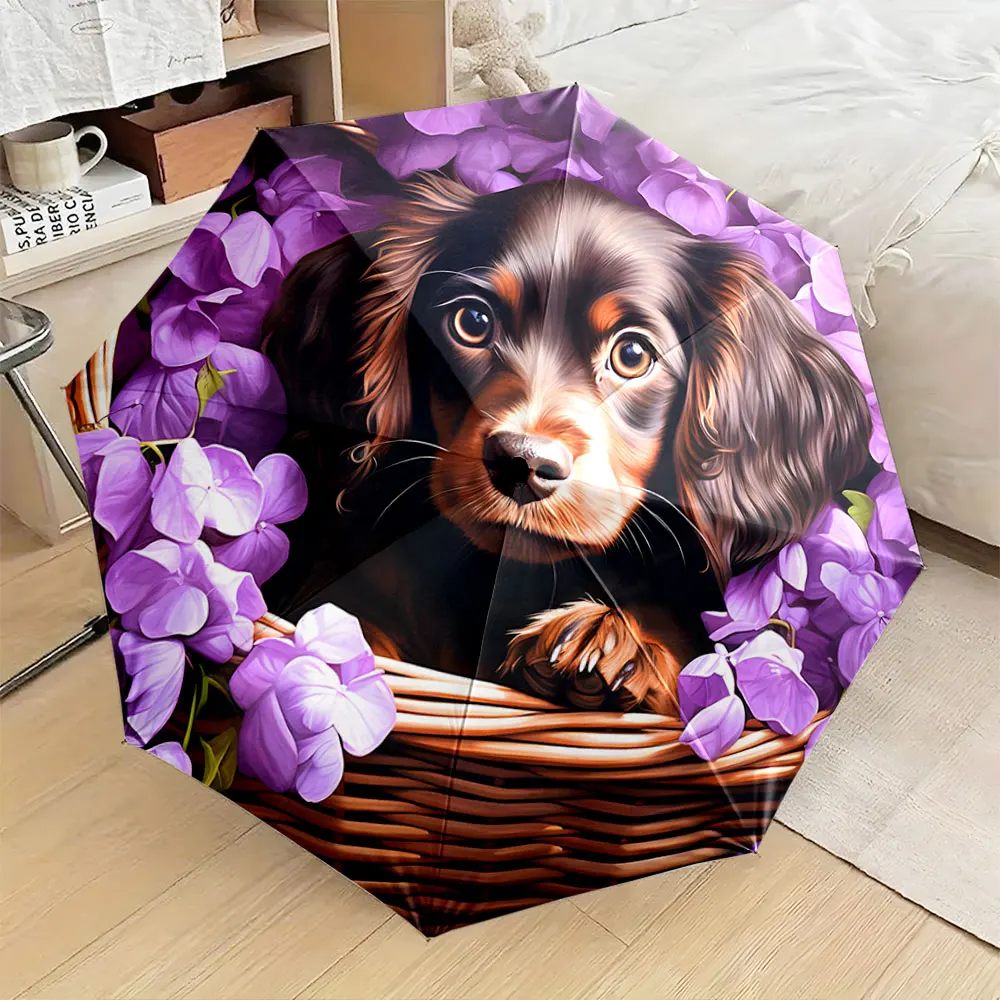 1PC Puppy Charm Amid Purple Blooms: A Delightful Design Print 8 Iron Ribs Folding Umbrella Auto-Open Fashion Sunshade