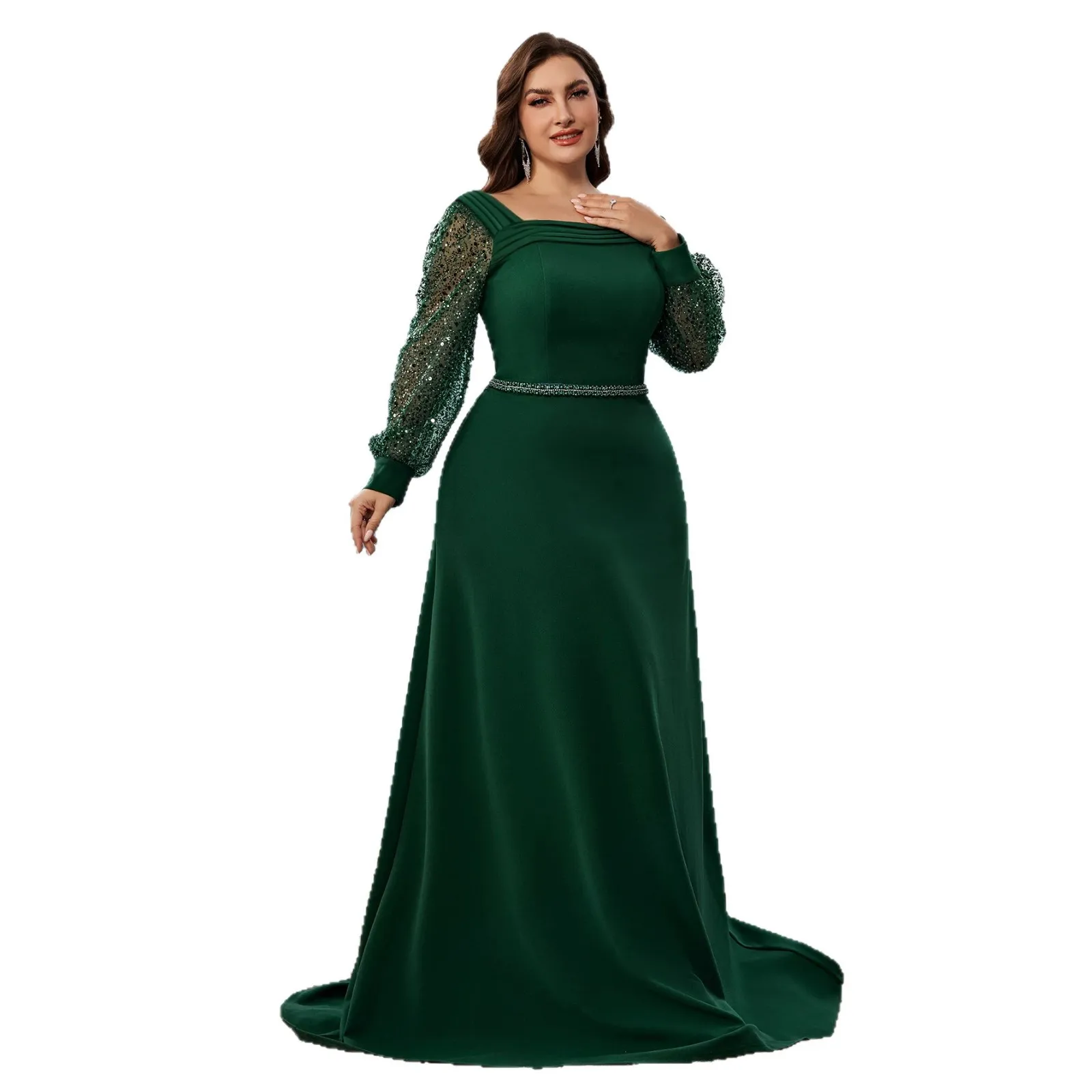Picture 6: Off Shoulder Sequin Mesh Lantern Sleeve Plus Size Mermaid Gown Emerald Green Rhinestone Waistband Floor Length Prom Dress