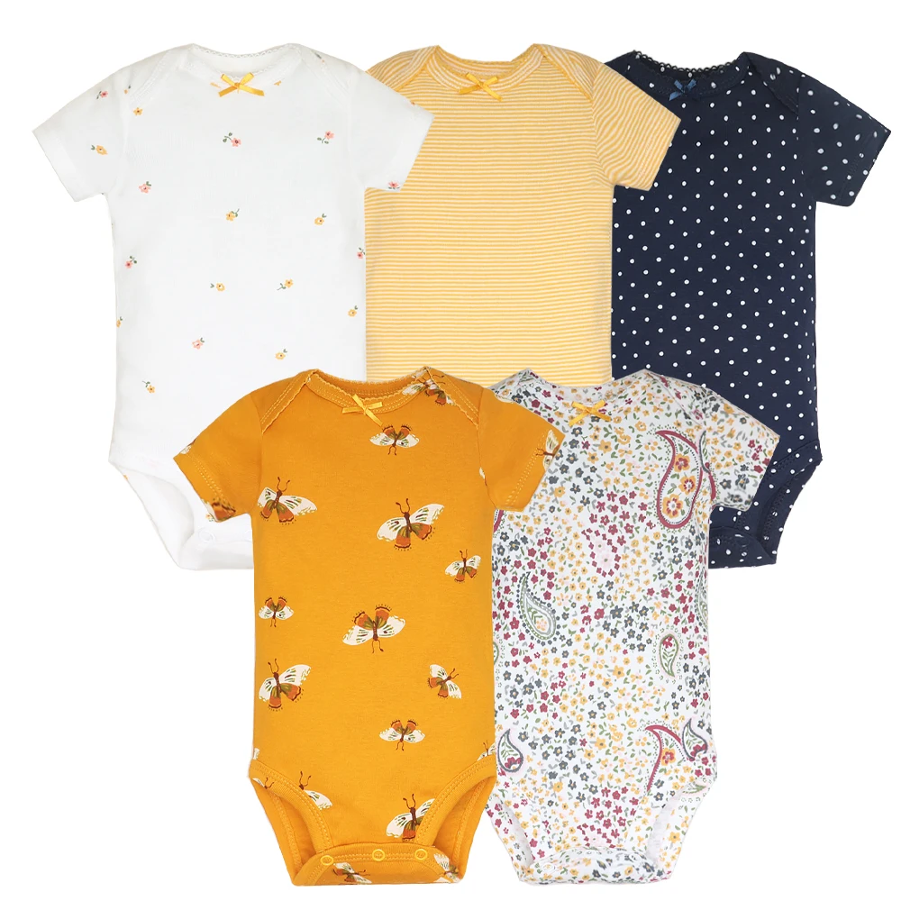 5 Pieces Baby Bodysuits for Newborn Girls Kids Cotton Short Sleeves Rompers Toddlers Summer Flower Clothes Outfit 2023