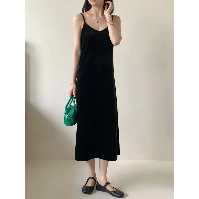 Jupe à bretelles en velours noir et doré pour femmes, col en v, rétro, ample, ligne a, dos nu, robe extérieure d'automne