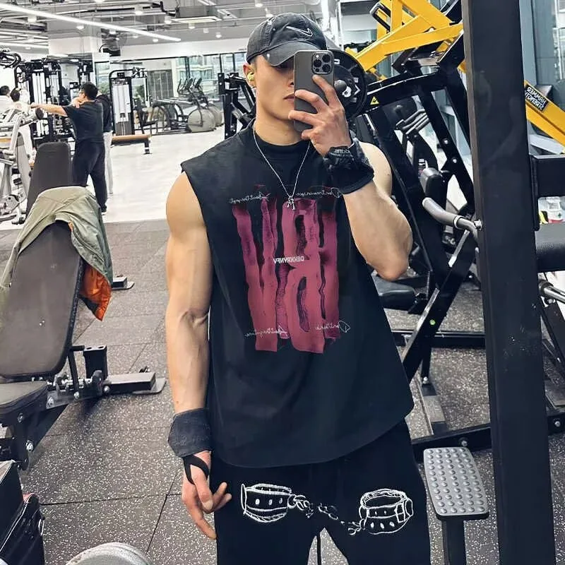 

Retro Pure Cotton Summer Tank Tops Men Vintage Washed Printed Sleeveless T Shirts Man Sports Gym High Street Top Male Streetwear