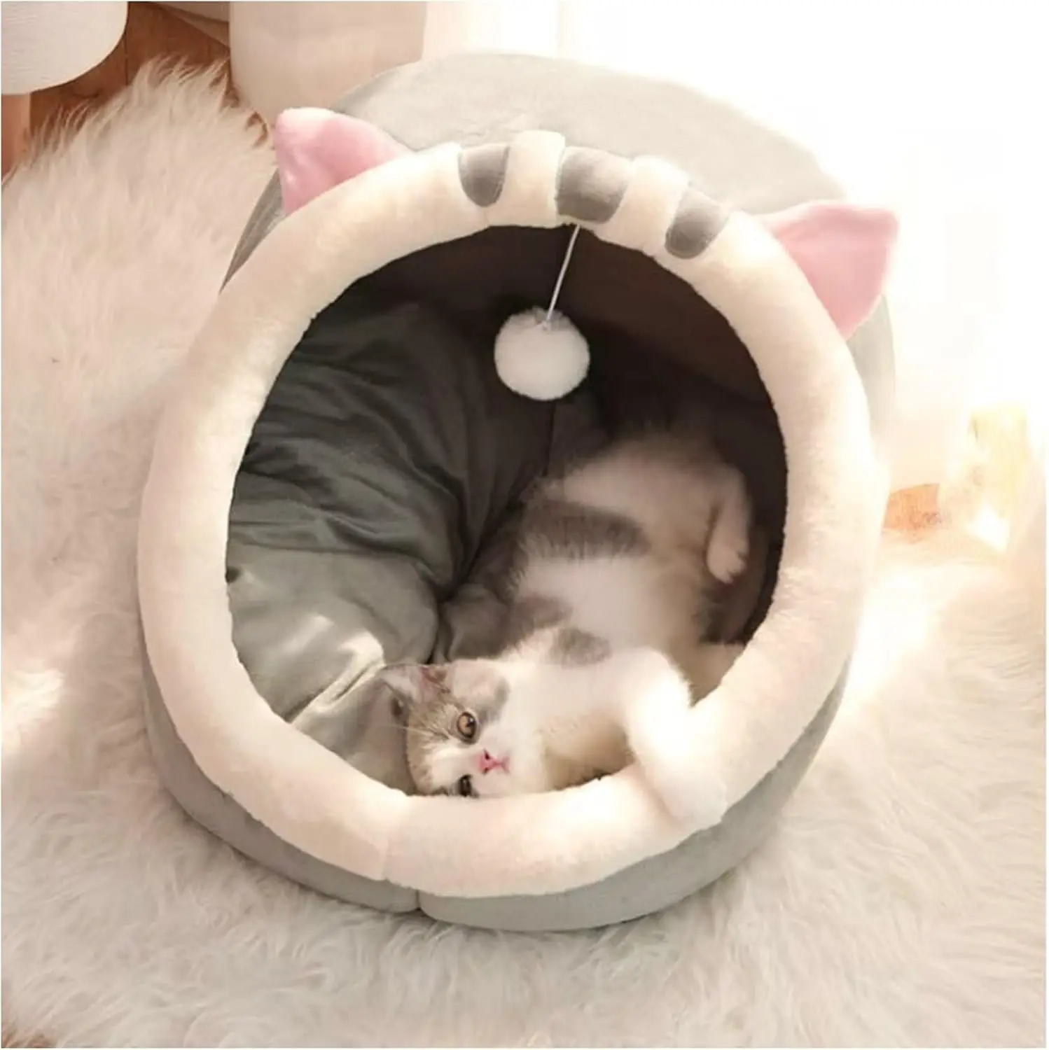 

Semi-Enclosed Cat Cave Bed with Plush Ball Toy – Large Washable Pet Bed for Indoor Cats, Soft Anti-Anxiety Hideaway