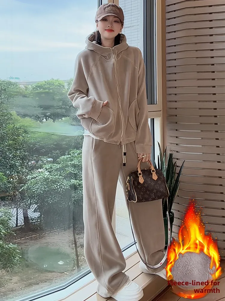 Jaet com capuz Fce dupla face e calças de pernas largas Conjunto Faion de inverno feminino Casual Sle Calças de cintura alta Thiened Wa...