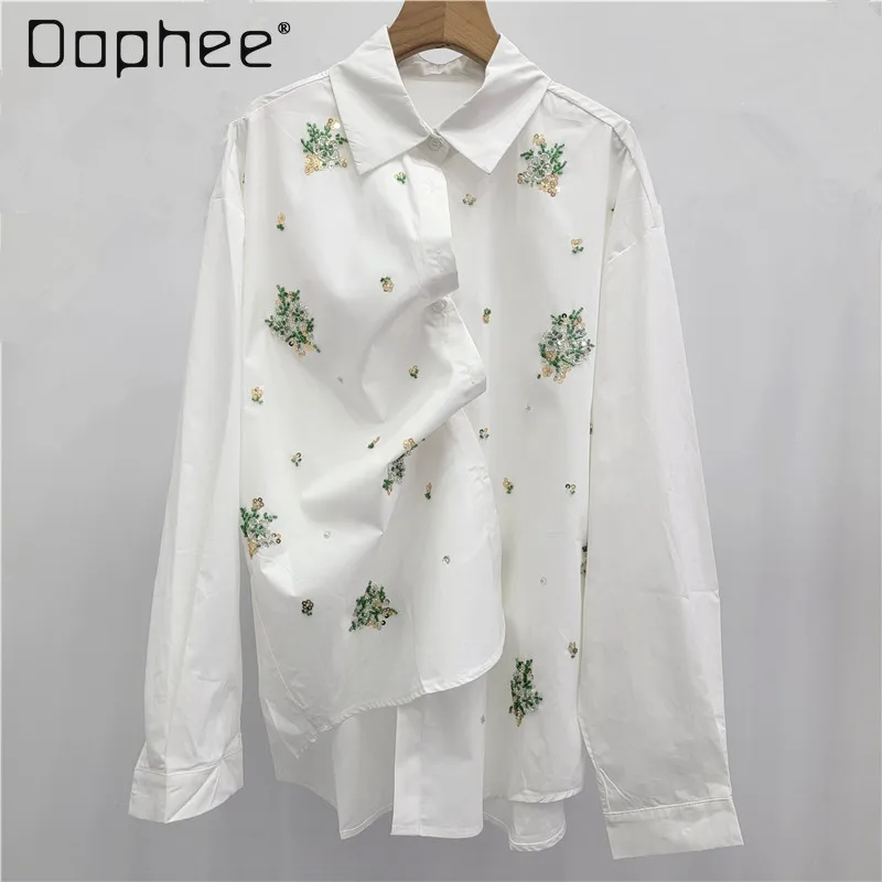 

Fashion Long Sleeve Shirt for Women Spring New European Style Patchwork Heavy Sequin Floral Collar Single Breasted Loose Shirt