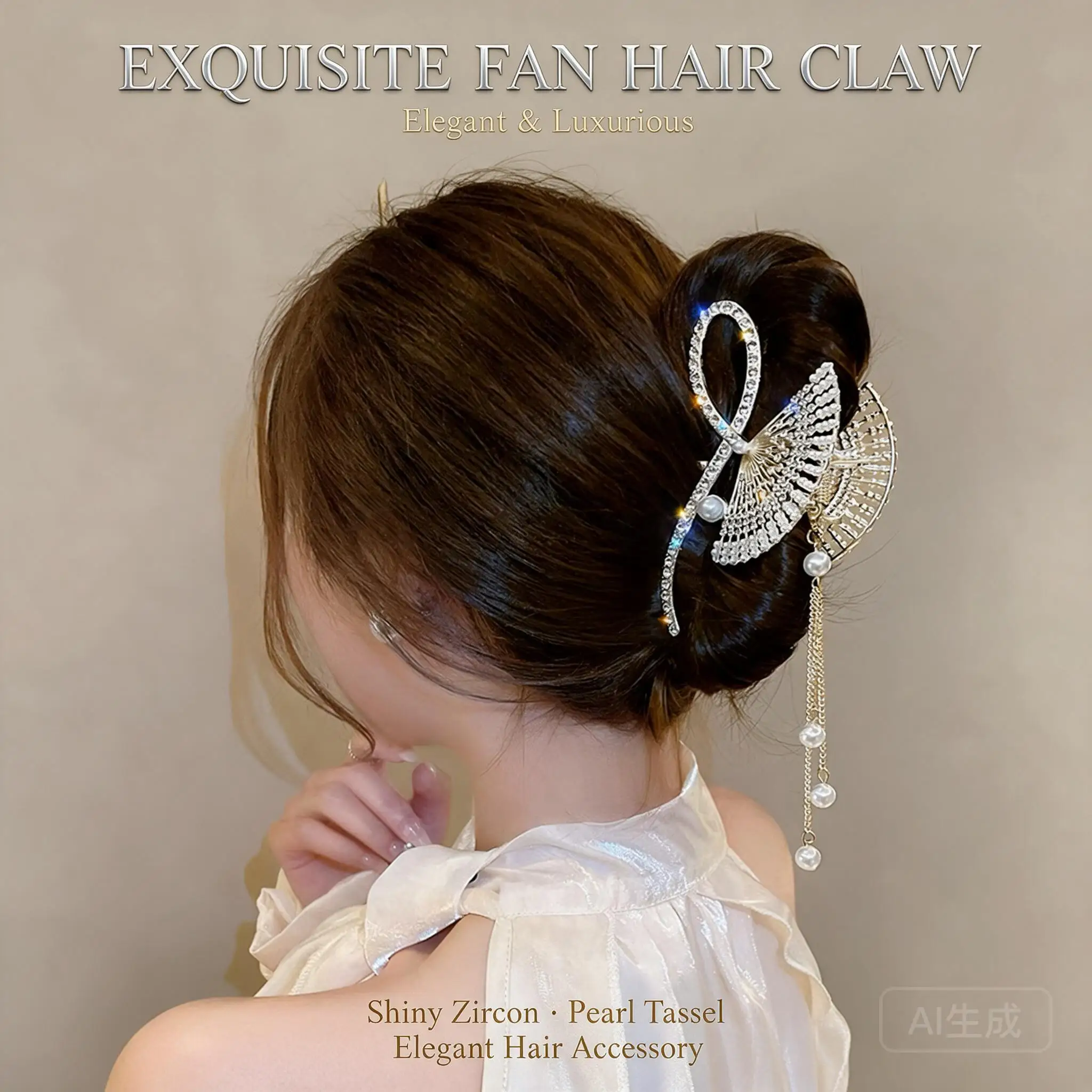 Oversized Fan Shaped Hair Claw Clip Rhinestone Faux Pearl Tassel Strong Hold Jaw Clip For Women Thick Thin Hair Updo Daily Wear