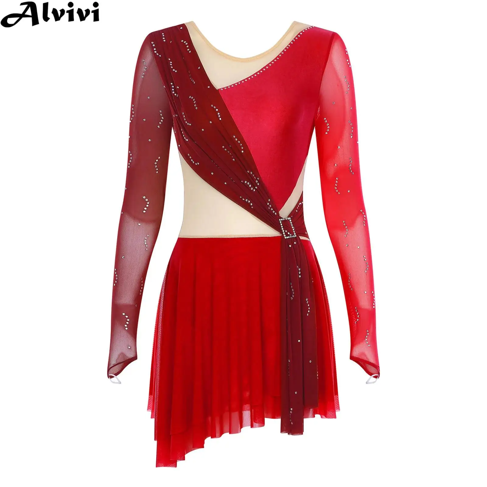 

Women Figure Skating Performance Costume Long Sleeve Sheer Mesh Rhinestone Dress Leotard for Ballet Dance Gymnastics Acrobatics