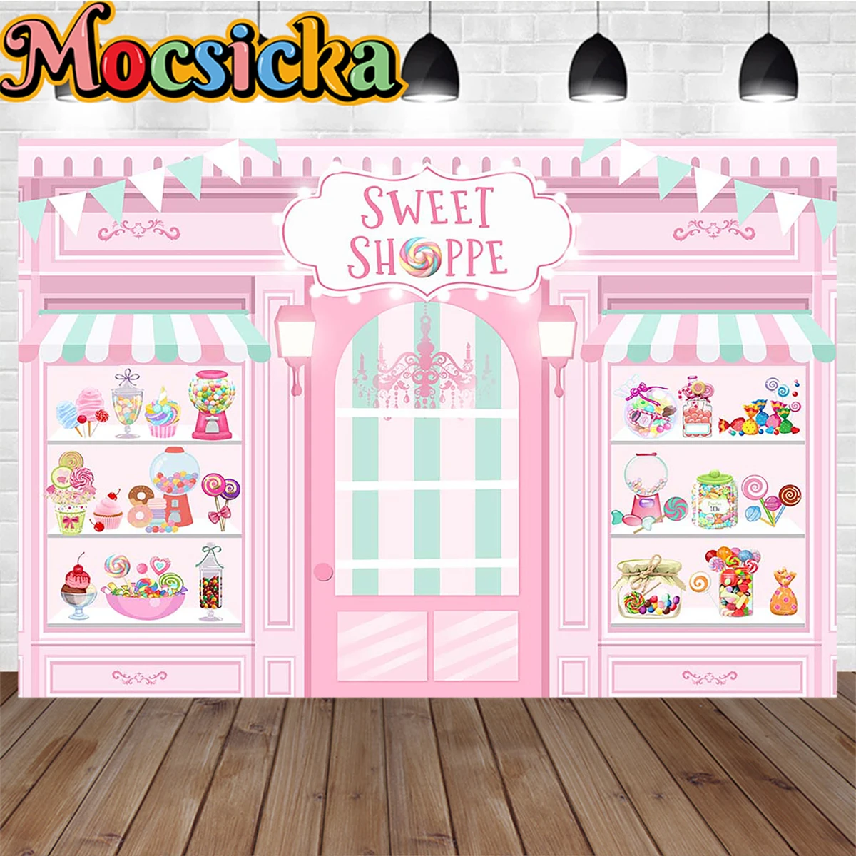 Sweet Shoppe بنات حفلة الشاي خلفية ملصق الحلوى مصاصة عرض خزانة الرجعية متجر ديكور خلفية الطفل الأزرق الباب الصورة