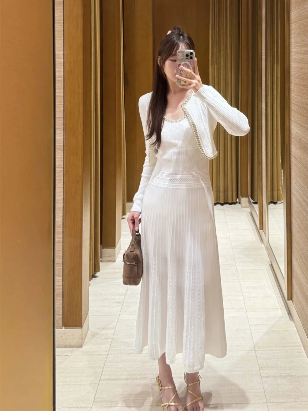High-End Version Short Knitted Sweater Cardigan with Bead Decoration Set with Strap Long Dress for Women Fashionable Two-Piec...