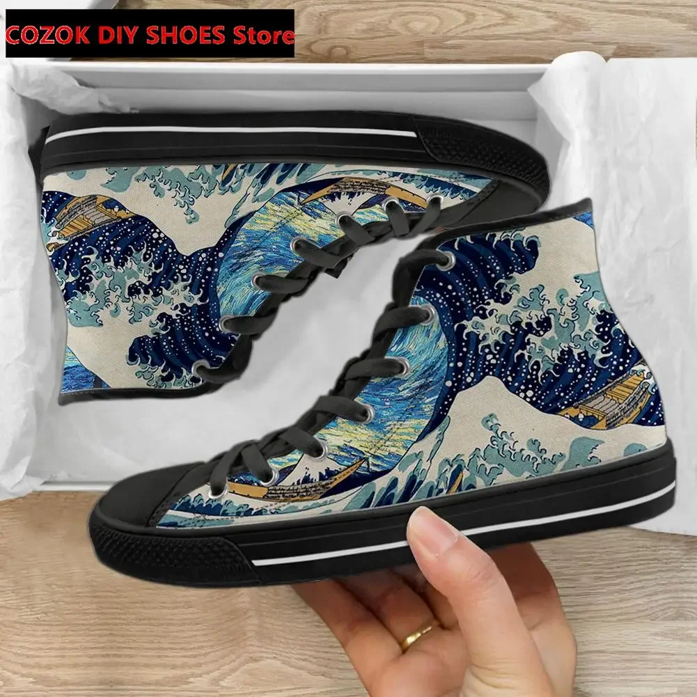 Zapatos vulcanizados de lona con estampado de olas oceánicas para mujer, zapatillas planas de lona, informales, con cordones