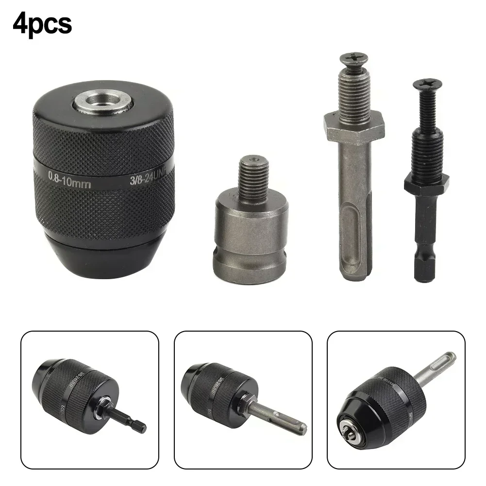 

4PCS 0.8-10mm Keyless Metal Drill Chuck 3/8-24UNF With Quick Change Hex Shank And Socket Converter For Over 1050W Drills