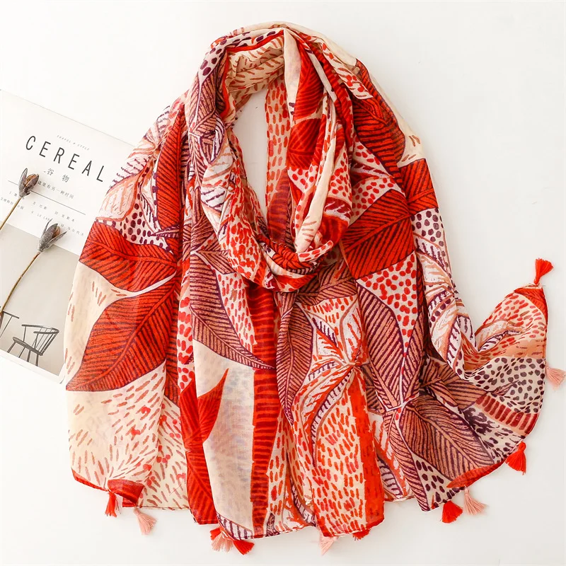 2024 New Big Palm Leaf Print Tassel Scarf Shawls Leaves Pattern Foulard Head Scarves Hijab Wrap Wholesale 10pcs/LOT