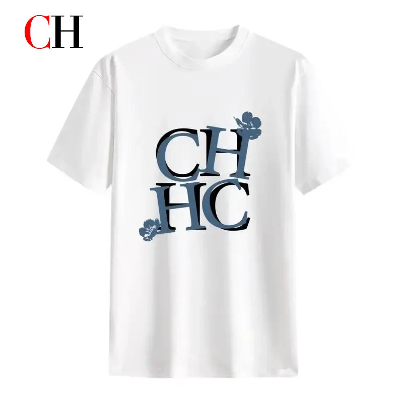 

CH Womens Streetwear T Shirt CHHC Letter Flower Print Crew Neck Casual Solid Color Trendy Short Sleeve Top