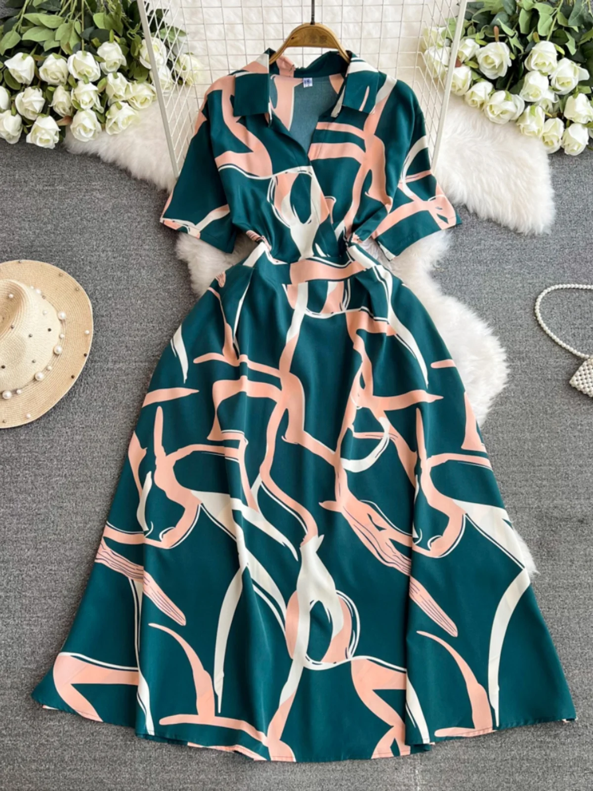 Summer Women Printed Long Dress Vintage Turn-Down Collar Short Sleeve A-Line Maxi Vestidos Female Elegant Casual Robe 2024 New