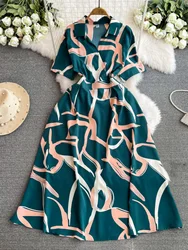 Summer Women Printed Long Dress Vintage Turn-Down Collar Short Sleeve A-Line Maxi Vestidos Female Elegant Casual Robe 2024 New
