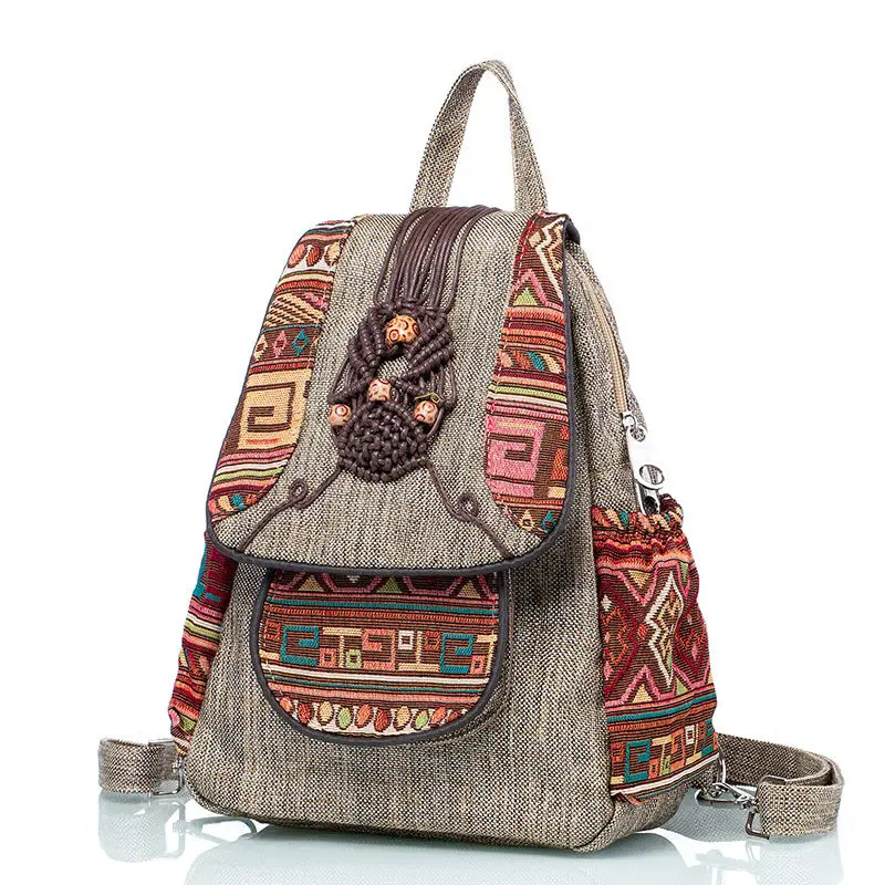 Johnature Hand Woven Retro Women Backpack 2024 New Versatile Summer Lightweight Canvas Bag Multifunctional Leisure Travel Bags