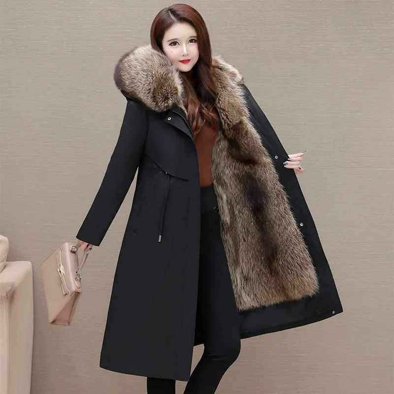 시크 파크수트 여성용 오버코트 탈부착 가능한 퍼 원피스 플리스 안감 두꺼운 따뜻한 파크코트 겨울 신상 인조 여우털 롱코트