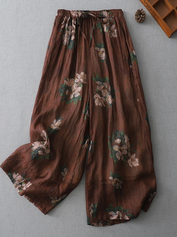 

High Waist Large Size Casual Pants Floral Print Artistic Wide Leg Hemp Pants Comfortable Leisure Trousers for plus Size Women