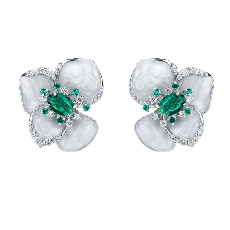 Bellux 925 Sterling Silver Plating Platinum Earrings Synthetic Gemstone Emerald White Shell Flower Fashion Earrings