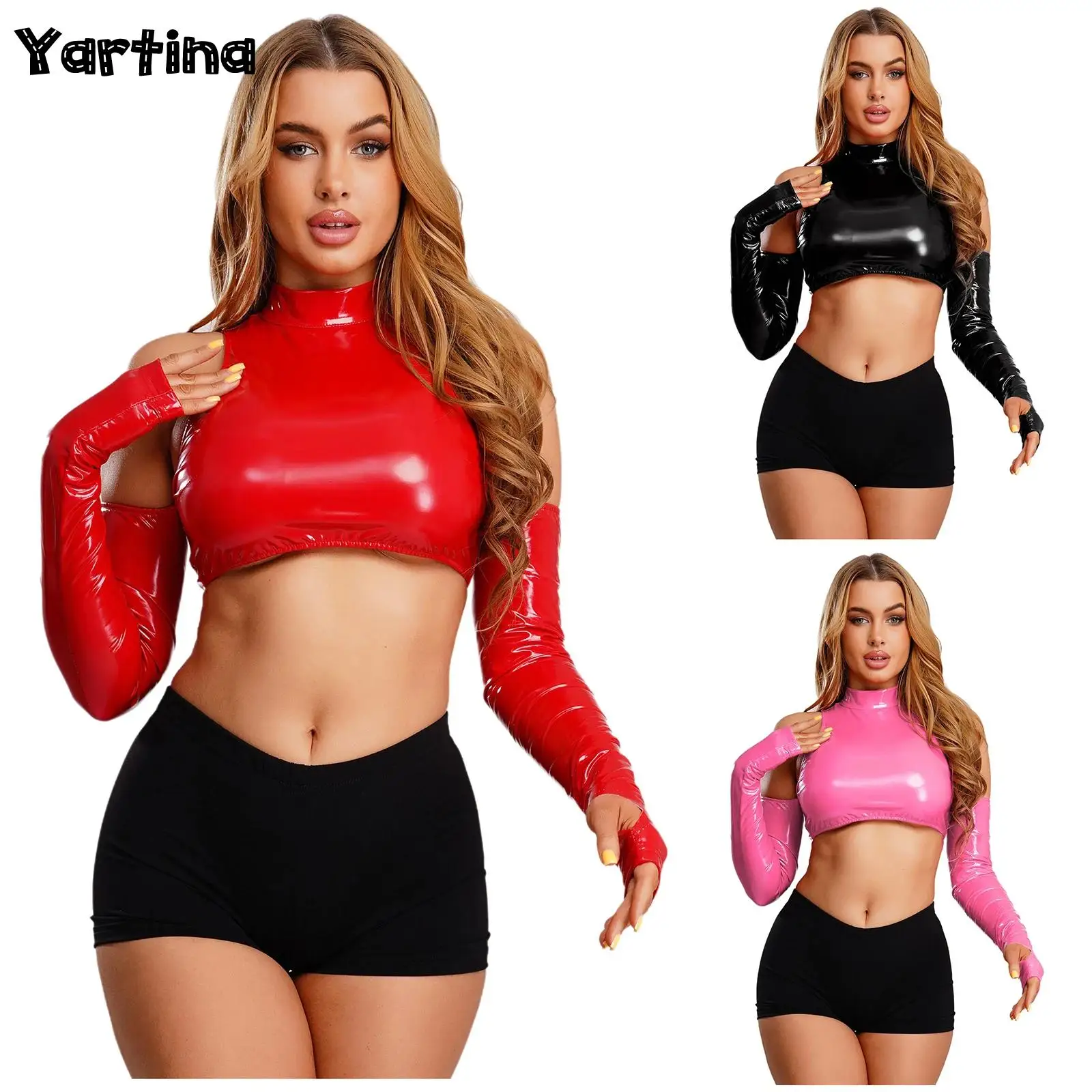 

Womens Adult Glossy Hollow Out Pullover Top PU Cropped Top Rave Party Music Festival Costume Cold Shoulder Long Sleeve Clubwear