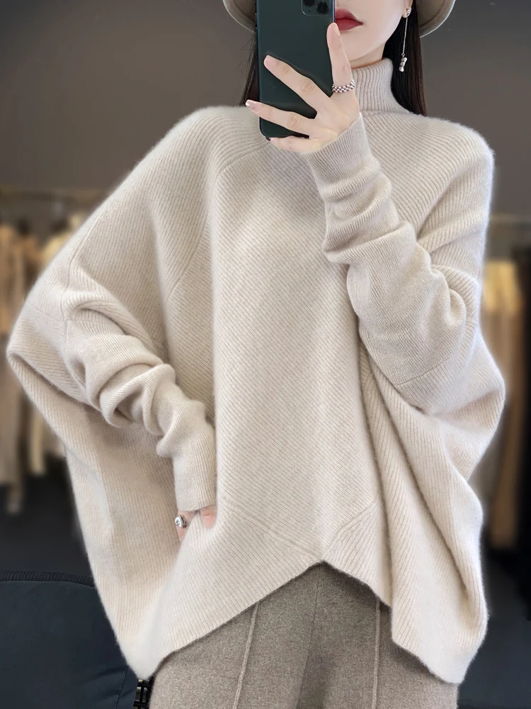 Women\'s Turtleneck Wool Sweater, Female, Skin-friendly, Loose Thick Bat, Irregular Sweater, Monochromatic, Autumn and Winter, Ne