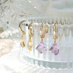 Lii Ji Natural Citrine / Amethyst Freedom Shape Charms American 14K Gold Filled 15mm Hoop Earrings Handmade Jewelry