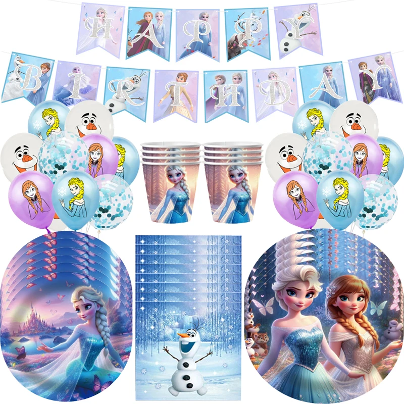 Disney Elsa Anna Frozen Party Supplies Paper Cups Paper Plate Tablecloths Kids Girls Snow Queen Birthday Party Decoration Set