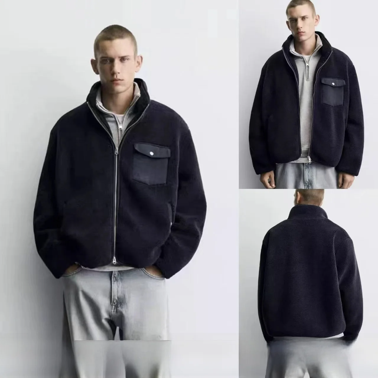 

New Arrival Men's Loose Fit Lamb Fur Zipper Jaet Fce Lined Cotton Coat Stand Collar Casual Sle Warmth for Daily Wear