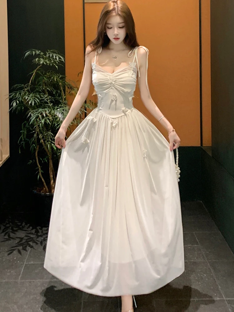 ชุดเดรสผ้าตาข่ายสีขาว แต่งโบว์เก๋ เซ็กซี่ สำหรับผู้หญิง ฤดูร้อน หรูหรา สง่างาม เหมาะสำหรับงานเต้นรำ ปาร์ตี้ ปี 2025 สไตล์เกาหลี วินเทจ ทรงเข้ารูป ชุดราตรี