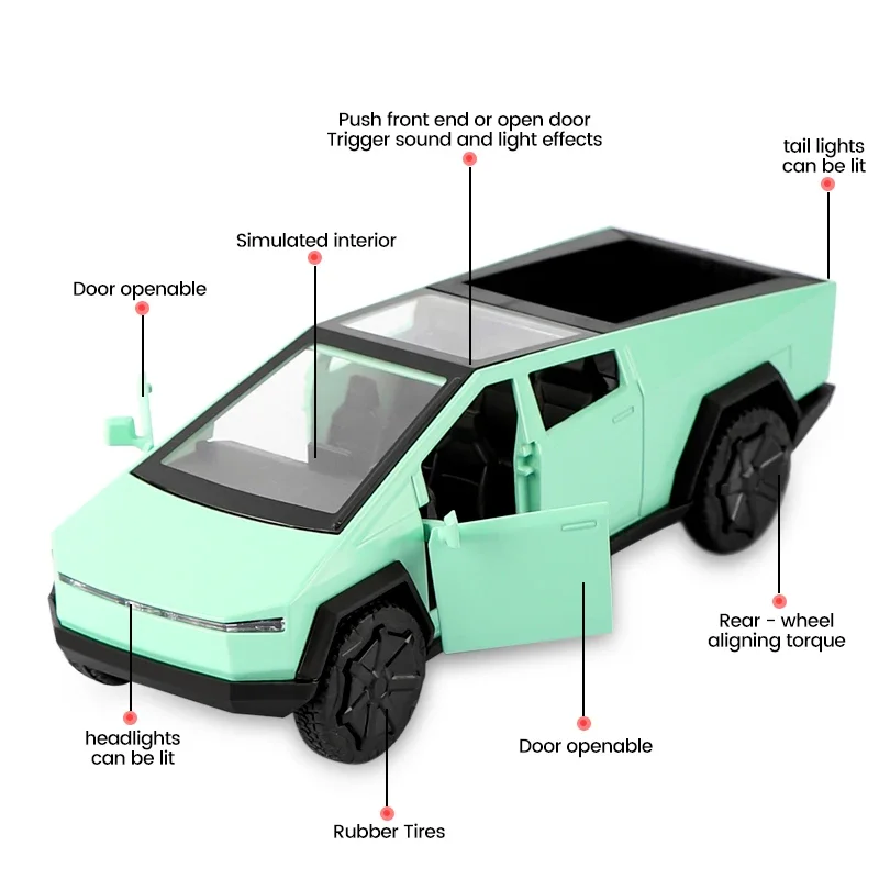 1/32 Simulazione Cyber Pickup Auto Tirare Indietro Camion Modello in lega Porta apribile Suono e luce Modello di veicolo Giocattoli per bambini Ragazzi Regali