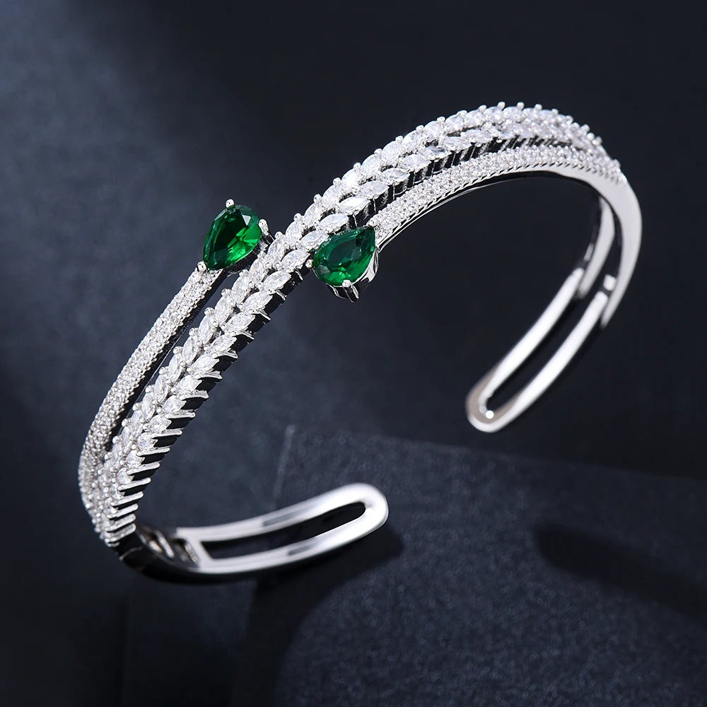 

Missvikki Trend Clear Green Open Bracelets For Women Bridal Wedding Cubic Zircon Luxury Hot Daily Party Jewelry New Fashion