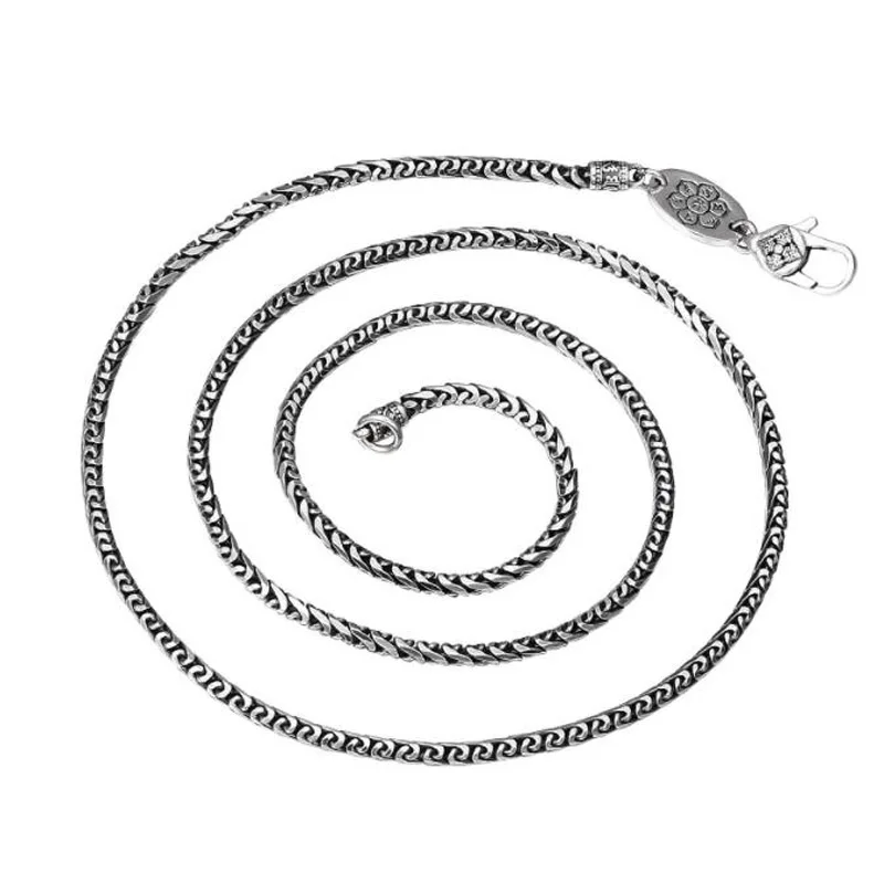 2mm 100% 925 Silver Tibetan Six Words Proverb Necklace Vintage Silver Buddhist OM Mantra Chain Necklace