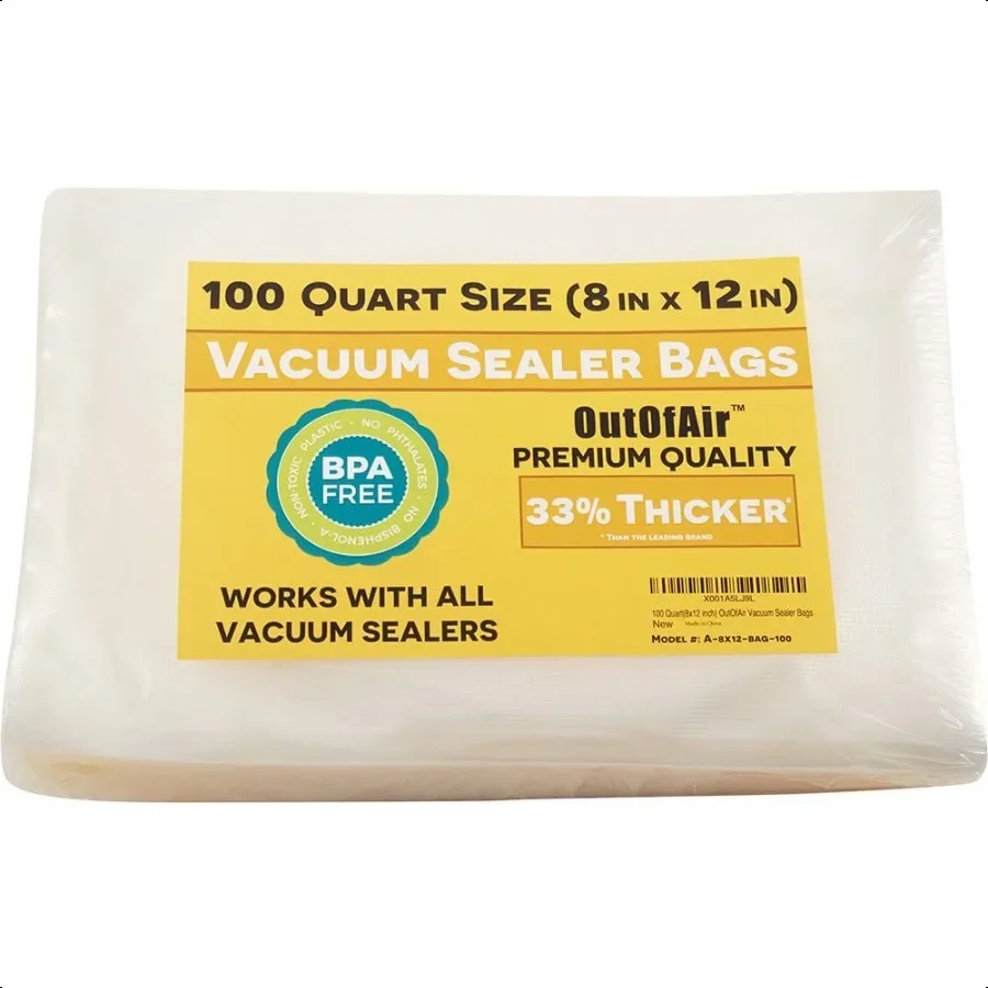 

100 Vacuum Sealer Bags: Quart Size 8 x 12 by Works with FoodSaver Other hines 33 Thicker BPA Free Commercial Grade 8 x 12 inche