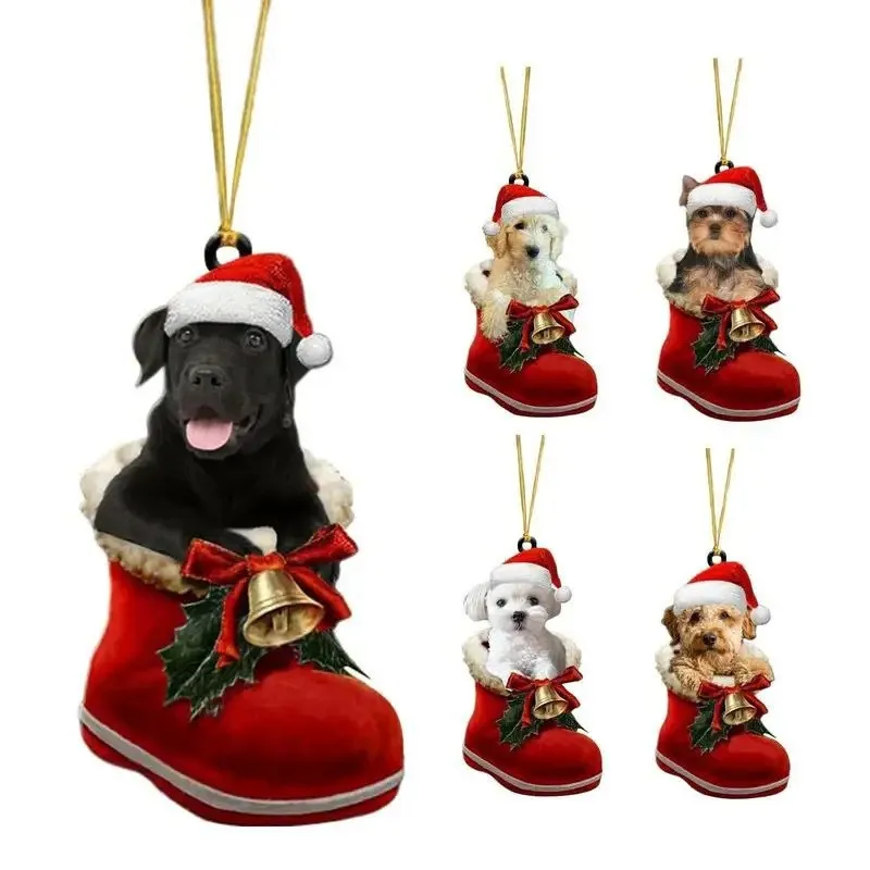 Christmas Tree Dog Ornament Acrylic Flat Printing Dog Hanging Pendant Decoration Supplies Car Decor Artificial Simulated Animals