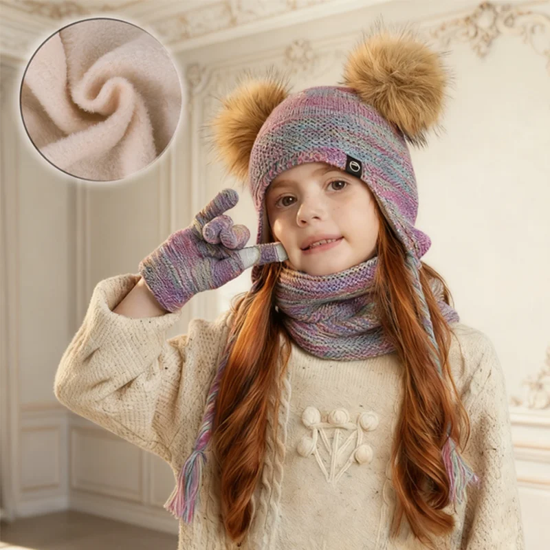 

Winter outdoor warm children's hat scarf gloves three piece set men's and women's baby with velvet ear protection knitted hat