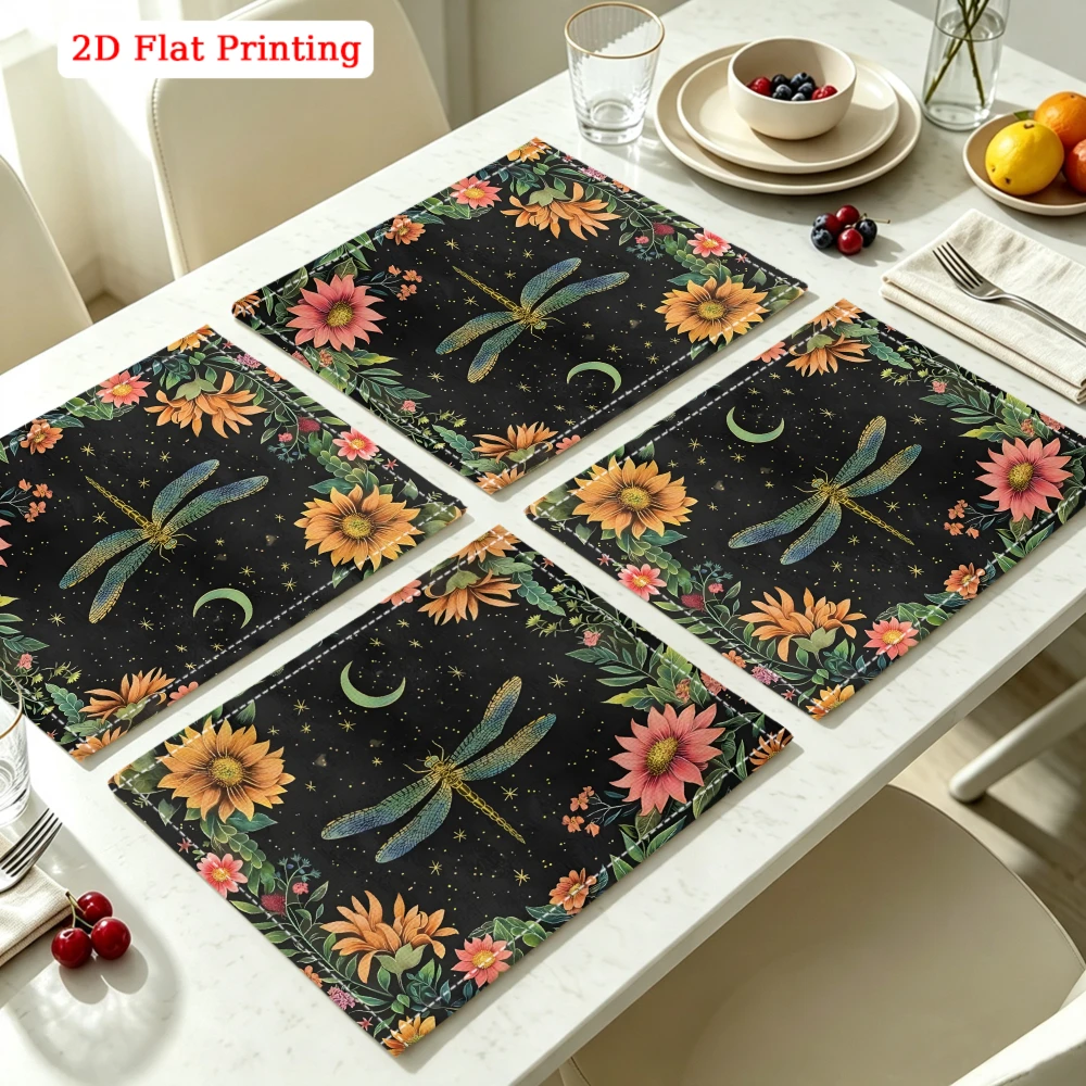 2Pcs Vintage Dragonfly And Floral Placemat Black Starry Night Print Table Mat For Kitchen Dining Home Decor Protection 30X40Cm