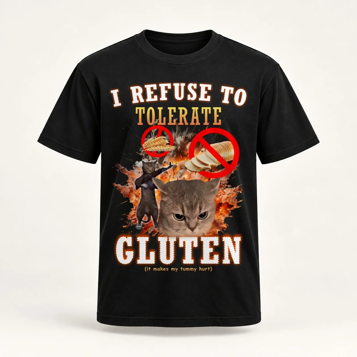 I Refuse to Tolerate Gluten Funny Cat Meme T-Shirt man t shirt cotton high quality t shirts designer T-Shirt