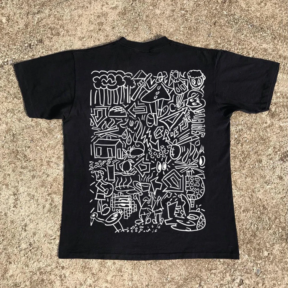 Hand-Drawn Graffiti American Retro High Street Style Short Sleeve T-Shirt Cool Line Design Breathable Cotton Skin-Friendly