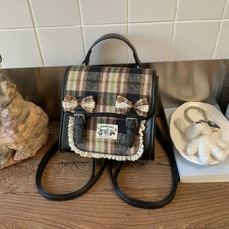 

British & Korean Style Sweet Plaid Bow Backpack - Teen Girl Student School Street Fashion Small Backpack