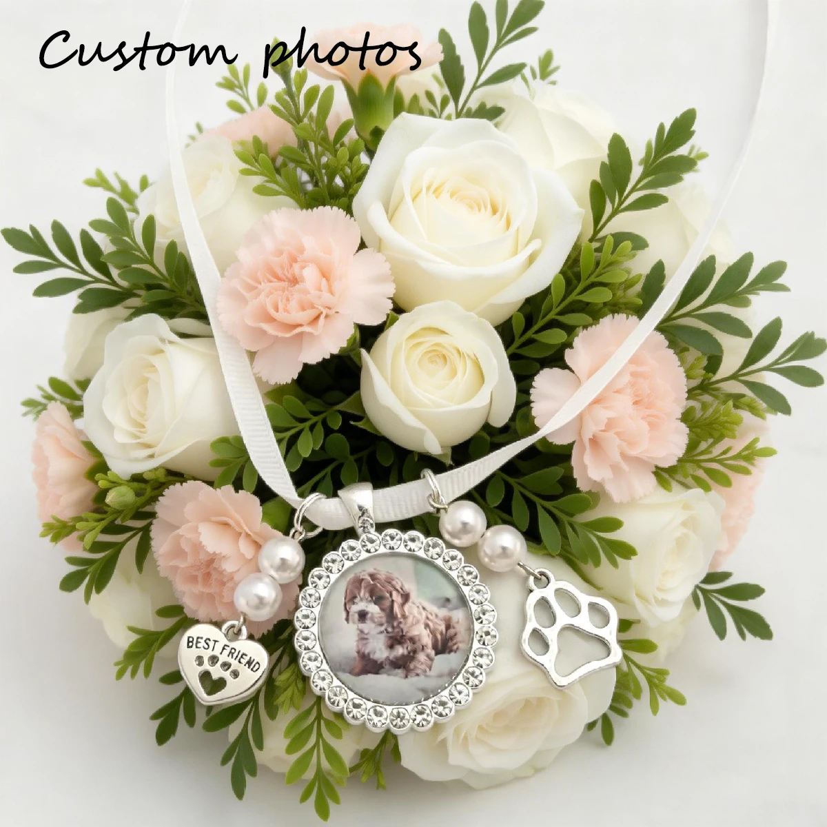 Wedding Bouquet Pet Photo Charm with Diamante Paw Print, 