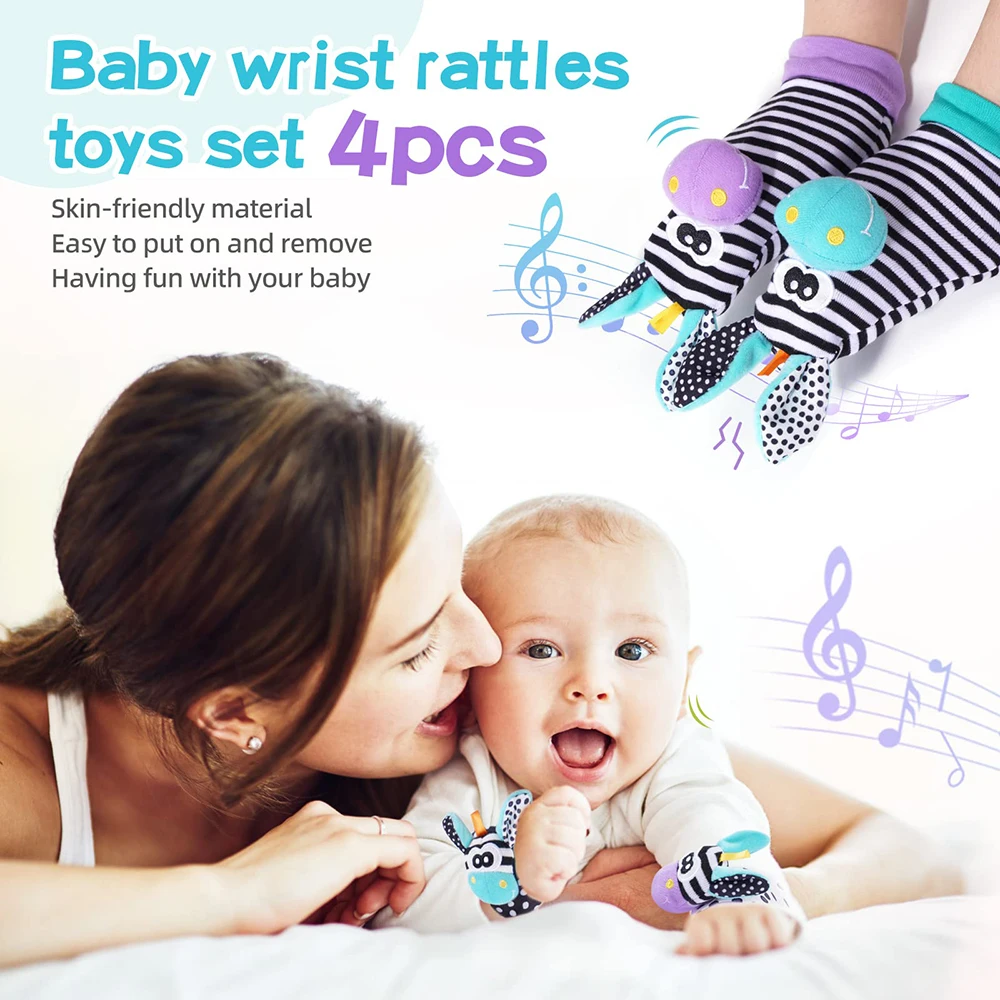 Baby Wrist Rattles Foot Finder Socks Set Infant Rattle Socks and Baby Hand Rattles Wrist Newborn Soft Sensory Toys for Babies