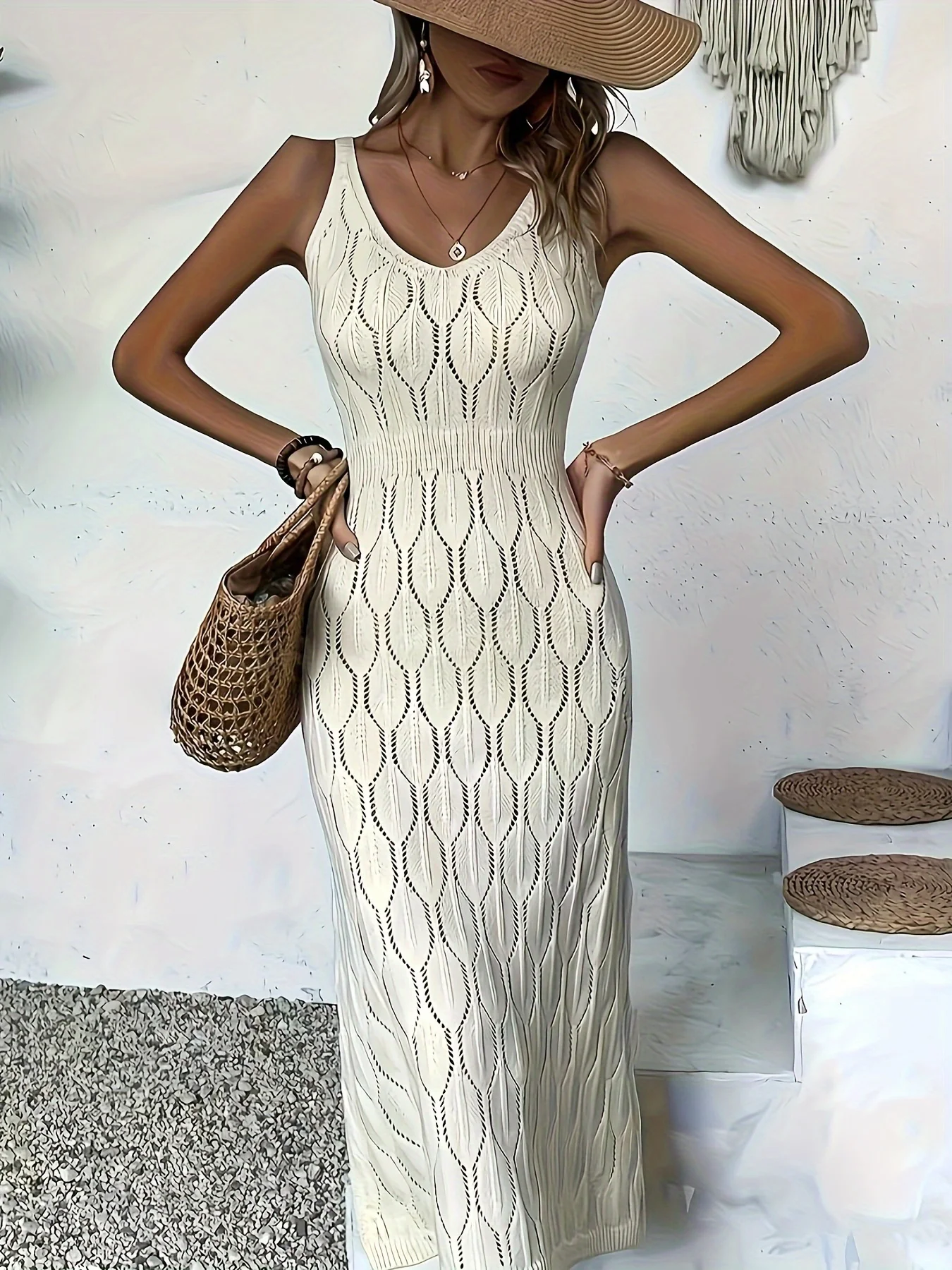 Knitted mix sleeveless long coat-style sweater dress semi-sheer and unlined