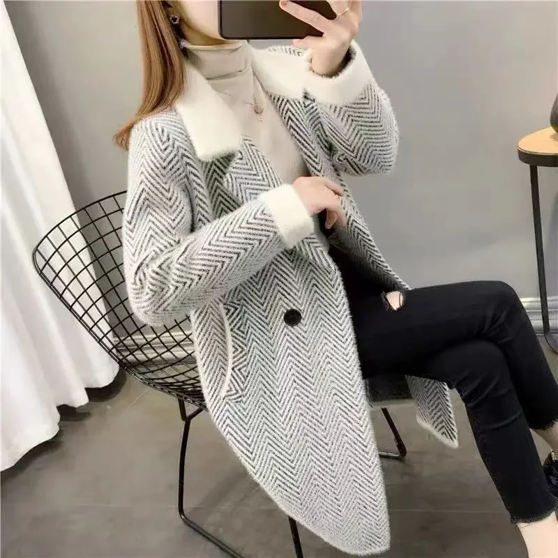 Imitation mink velvet jacket women's medium and long 2023 autumn and winter Korean version loose sweater cardigan knitted