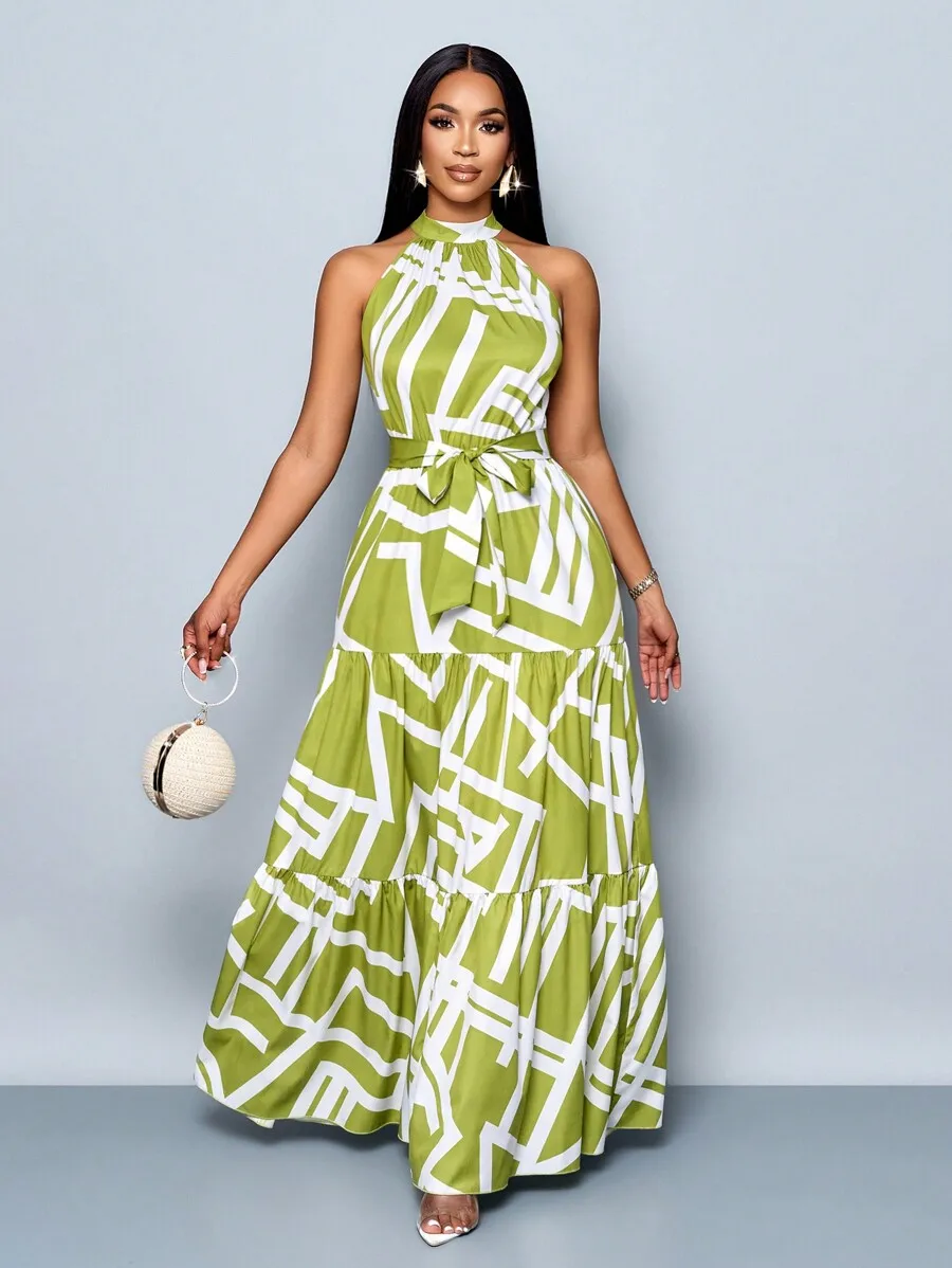 

Women's Green & White Geometric Print Halter Maxi Dress with Tie Waist