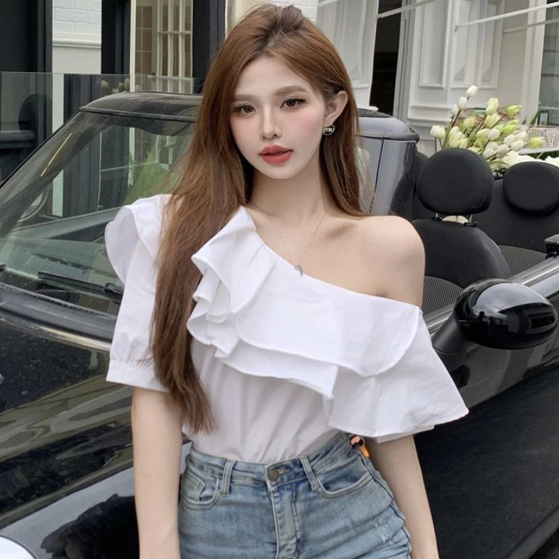 Blouses Women Temperament Casual Summer Ladylike Ruffles Design Streetwear New Korean Style Skew Collar Fashion All-match Solid