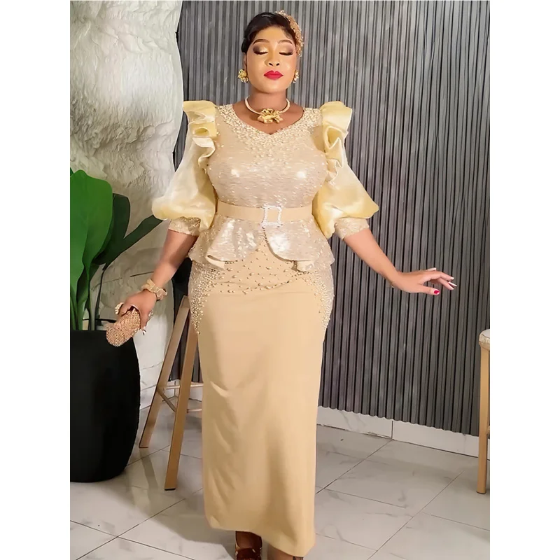 

African Plus Size Women's Fashion Puff Sleeve Dress European and American Party Evening Beaded Sequin High Waist Gown bubu dress